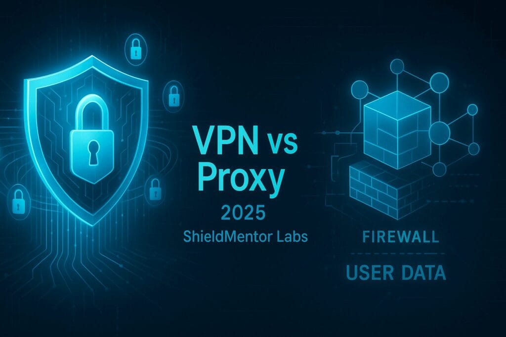 VPN vs Proxy 2025 comparison — encrypted VPN connection vs unsecured proxy server visualized by ShieldMentor.